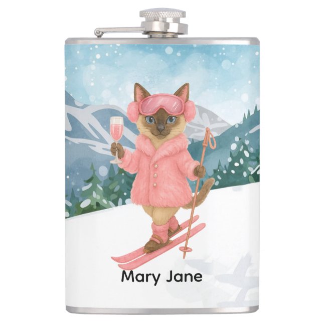 Ski Cat fährt im rosa Junggeselinnen-Abschied Ski Flachmann (Vorderseite)