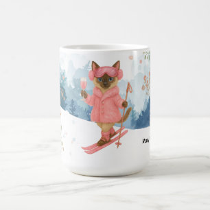 Ski Cat fährt im rosa Junggeselinnen-Abschied Ski Kaffeetasse