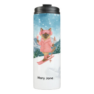 Ski Cat fährt im rosa Junggeselinnen-Abschied Ski Thermosbecher
