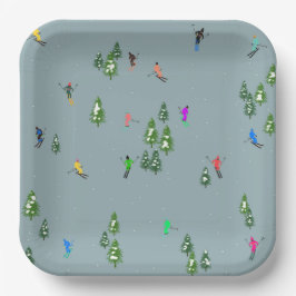 Ski Eröffnung Weihnachten Skiurlaub Skifahrer Blau Pappteller