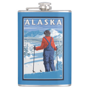 Ski fahren im Vintagen Reise-Plakat Alaskas Flachmann