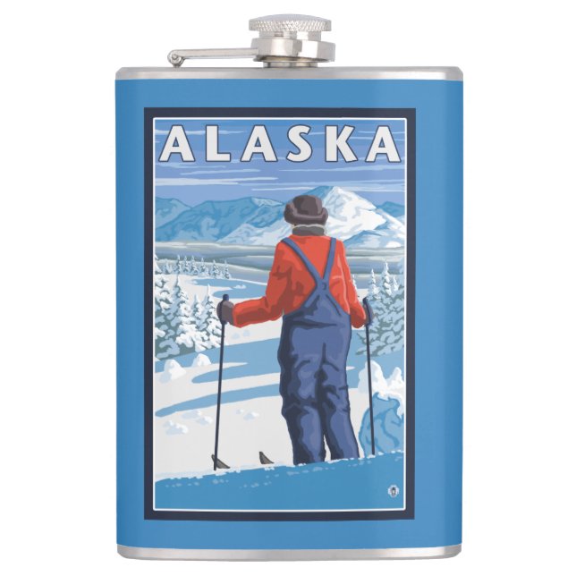 Ski fahren im Vintagen Reise-Plakat Alaskas Flachmann (Vorderseite)