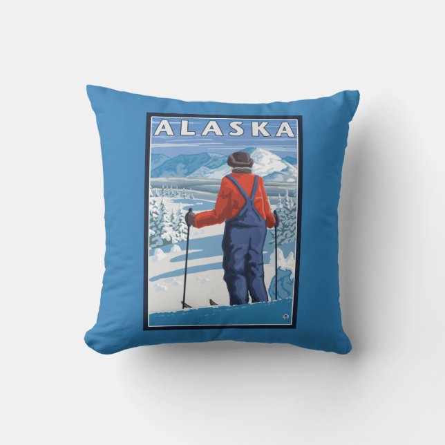 Ski fahren im Vintagen Reise-Plakat Alaskas Kissen (Vorderseite)