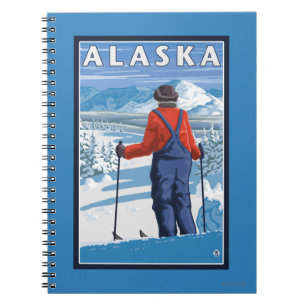 Ski fahren im Vintagen Reise-Plakat Alaskas Notizblock