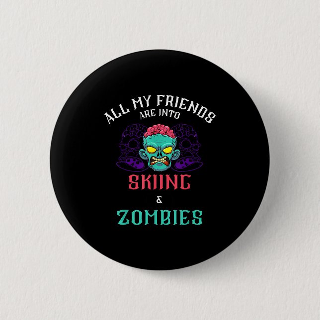 Ski-fahrende Zombie-Freunde auf einem schneebedeck Button (Vorderseite)