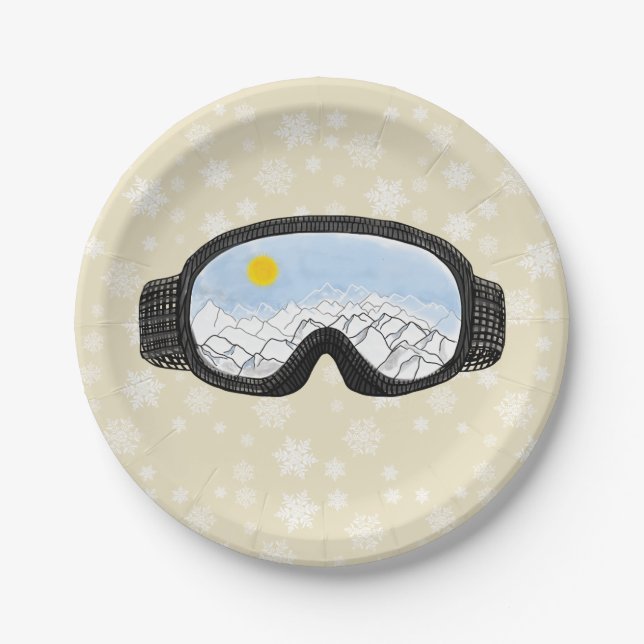 Ski Goggles Bergblick Schneeflocken abseits von We Pappteller (Vorderseite)
