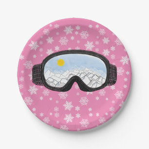 Ski Goggles Bergblick Schneeflocken Rosa Pappteller