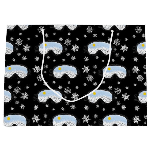 Ski Goggles Bergblick Schneeflocken Schwarz Große Geschenktüte (Vorderseite)