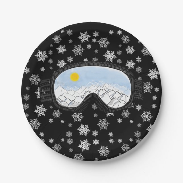 Ski Goggles Bergblick Schneeflocken Schwarz Pappteller (Vorderseite)