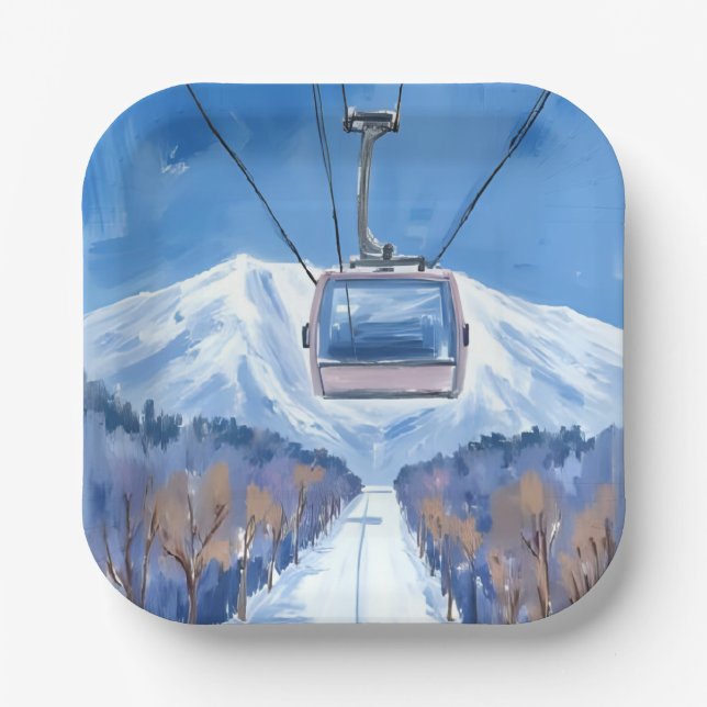 Ski Gondola Snow Mountain Watercolor Pappteller (Vorderseite)