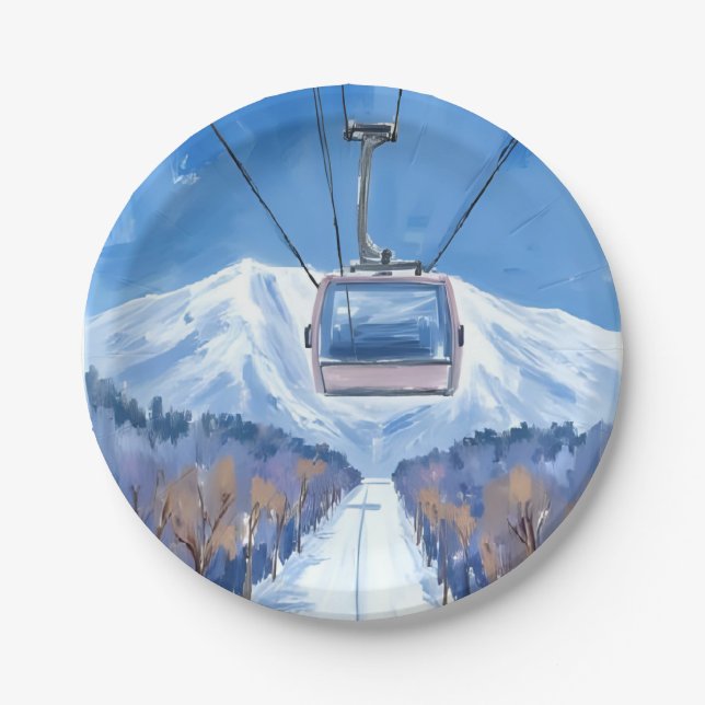 Ski Gondola Snow Mountain Watercolor Pappteller (Vorderseite)