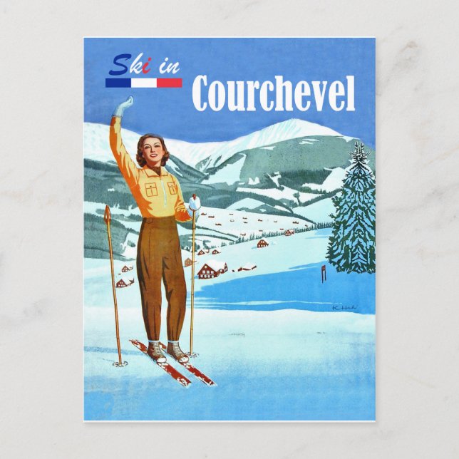 Ski in Courchevel, Frau auf Ski, Frankreich Postkarte (Vorderseite)