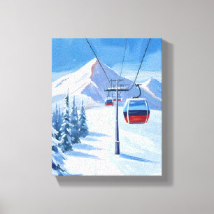 Ski Lift   Schneebedeckte Berggondel Aquarell Leinwanddruck