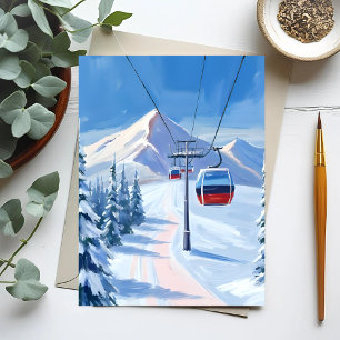 Ski Lift   Schneebedeckte Berggondel Aquarell Postkarte