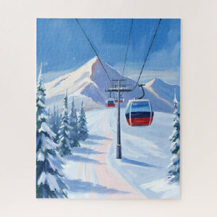 Ski-Lift   Schneebedeckte Berggondel Aquarell Puzzle