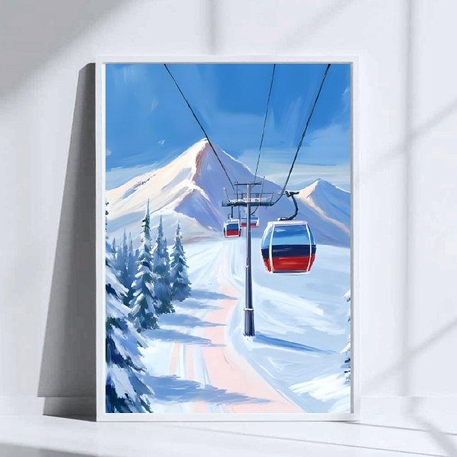 Ski Lift | Snow Mountain Gondola Watercolor Poster (Von Creator hochgeladen)