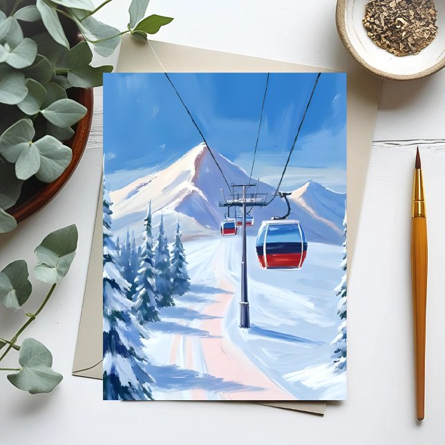 Ski Lift | Snow Mountain Gondola Watercolor Postkarte (Von Creator hochgeladen)