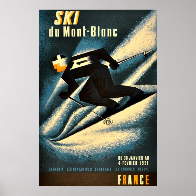 Ski Mont Blanc 1951 Vintages französisches Skiplak Poster (Vorne)