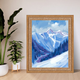 Ski Mountain | Blue Watercolor Mountain Range Poster