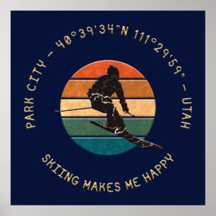 Ski Park City, Utah - Man Skier Golden Text Poster