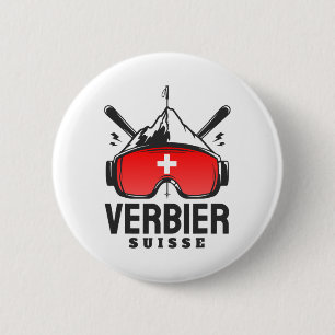 Ski Resort Verbier Schweiz Retro-Skifahren Button