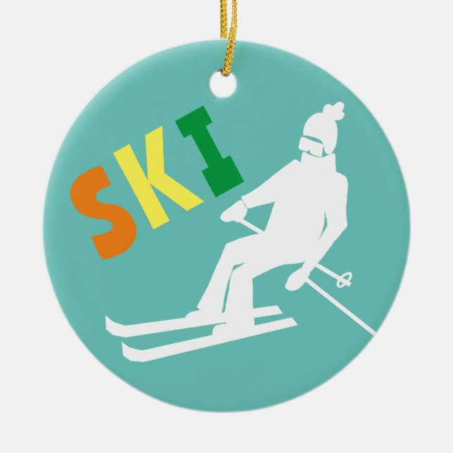 Ski Retro Skier Winter Aquamarin White Keramik Ornament (Vorne)