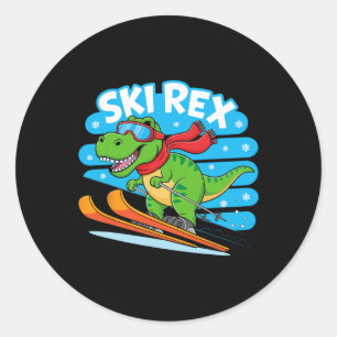 Ski Rex Lustiger Skifahrender Dinosaurier Wintersp Runder Aufkleber