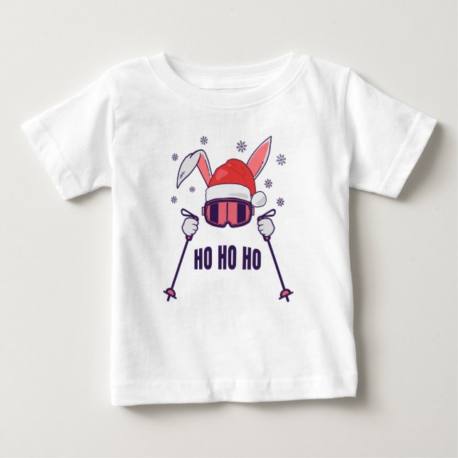 Ski Santa Rabbit mit Weihnachtsmannmütze und Skist Baby T-shirt (Vorderseite)