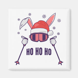 Ski Santa Rabbit mit Weihnachtsmannmütze und Skist Magnet