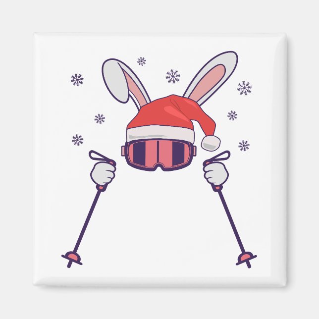Ski Santa Rabbit mit Weihnachtsmannmütze und Skist Magnet (Vorne)