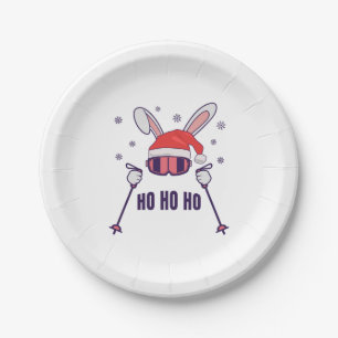 Ski Santa Rabbit mit Weihnachtsmannmütze und Skist Pappteller