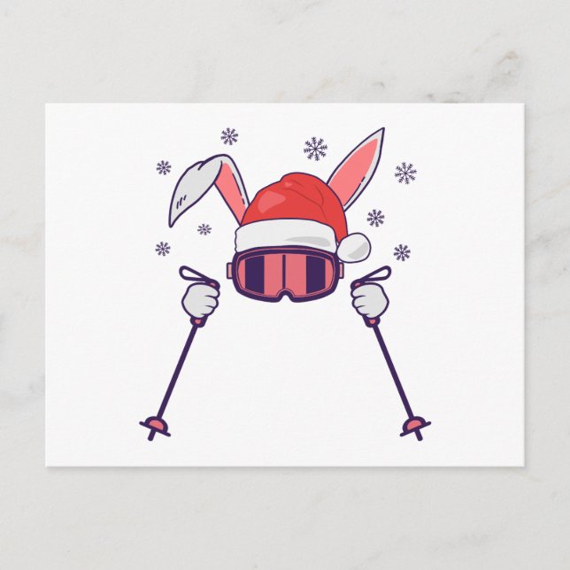 Ski Santa Rabbit mit Weihnachtsmannmütze und Skist Postkarte (Vorderseite)