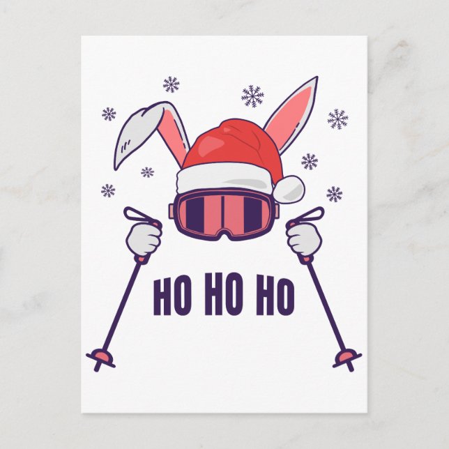 Ski Santa Rabbit mit Weihnachtsmannmütze und Skist Postkarte (Vorderseite)