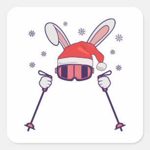 Ski Santa Rabbit mit Weihnachtsmannmütze und Skist Quadratischer Aufkleber