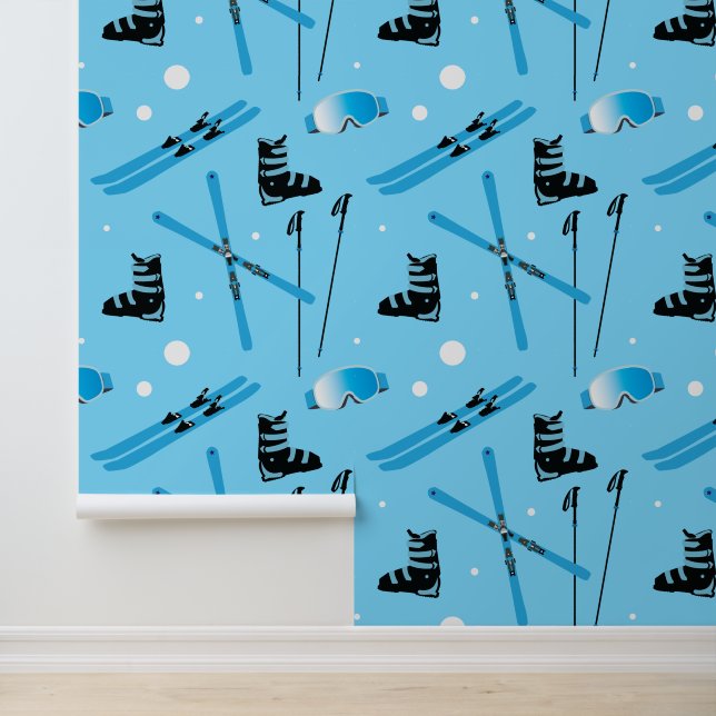 Ski School Snow Sports Blue Skiing Pattern Tapete (Anwendung)