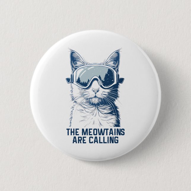 Ski-Snowboard-Katze Funny die Berge rufen Button (Vorderseite)
