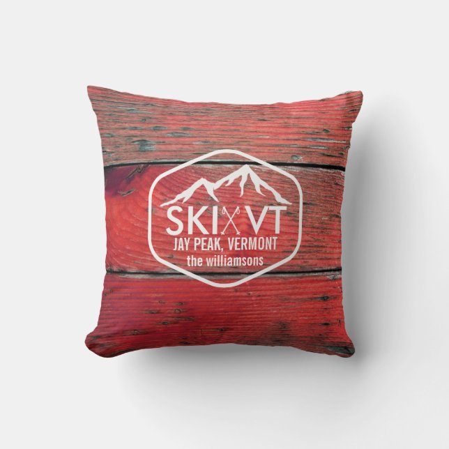 Ski-Vermont-Jay-Spitze rustikales rotes Barnwood Kissen (Vorderseite)