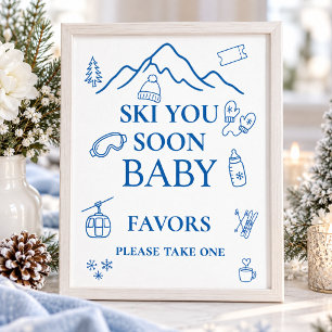 Ski You Soon Winter Blue Boy Baby Shower Favor Poster