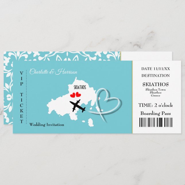 Skiathos Wedding Destination Ticket Boarding Pass Einladung (Vorne/Hinten)
