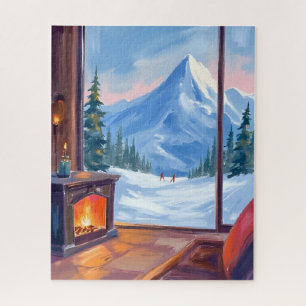 Skiausflug Wasserfarbenes Winterbild Berghütte Puzzle