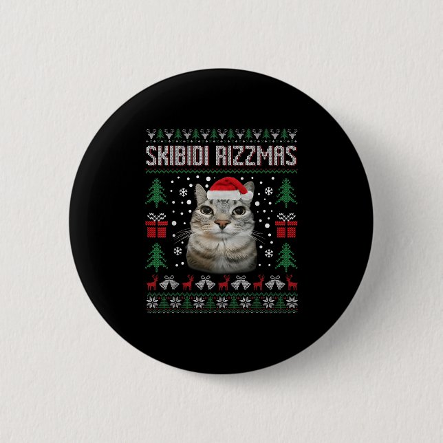 Skibidi Rizzmas Funny Silly Staring Cat Ugly Sweat Button (Vorderseite)
