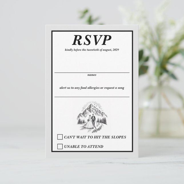 Skicouple Wedding RSVP Karte (Stehend Vorderseite)