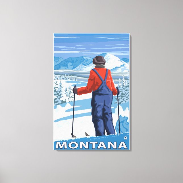 Skier AdmiringMontanaVintage Reiseplakat Leinwanddruck (Vorderseite)