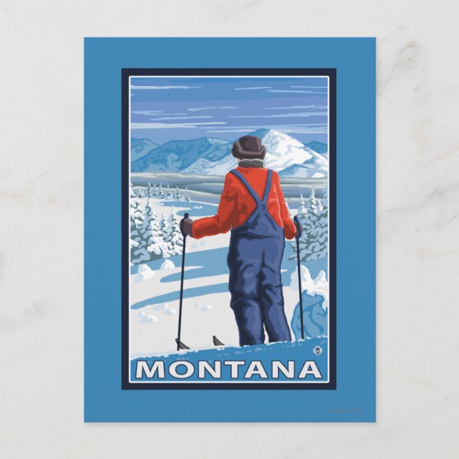 Skier AdmiringMontanaVintage Reiseplakat Postkarte (Vorderseite)