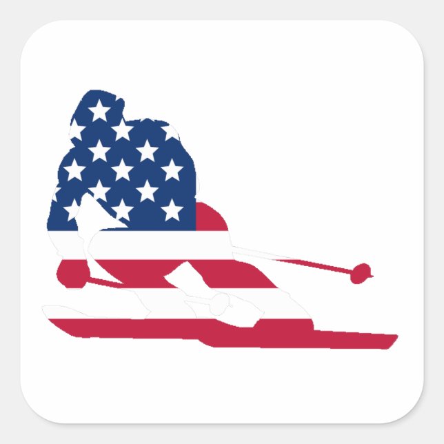 Skier American Flag Quadratischer Aufkleber (Vorderseite)