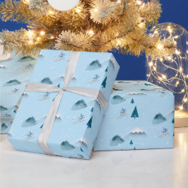 Skier auf Blau mit Schneeflocken Geschenkpapier