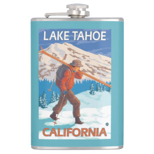 Skier Carry Snow Skis - Lake Tahoe, Californi Flachmann