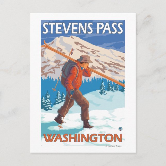 Skier Carry Snow Skis - Stevens Pass, WA Postkarte (Vorderseite)