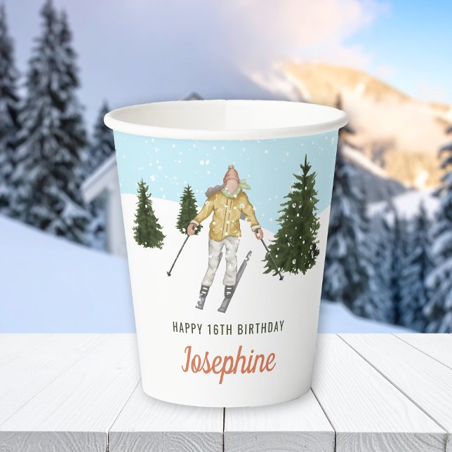 Skier Girl In Watercolor Fun Winter Birthday Party Pappbecher (Von Creator hochgeladen)
