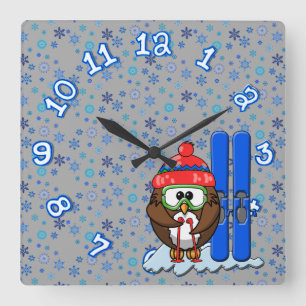 skier owl quadratische wanduhr